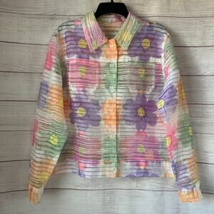 Erin London Pastel Floral Sheer Textured Button Down Jacket Spring Shirt Size L
